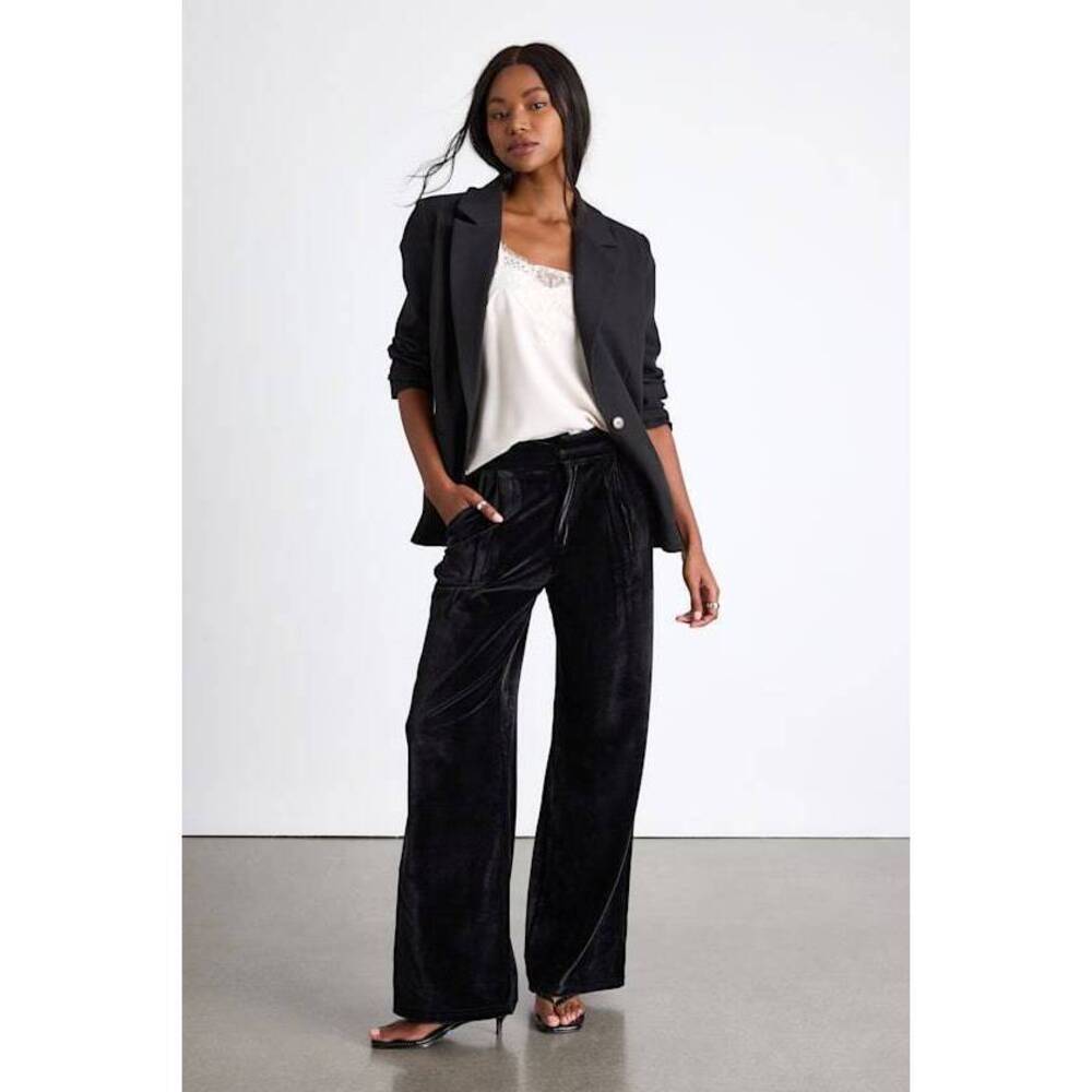 Lulus Haira Black Velvet Wide-leg Mid-rise Trouser Pants - Size L NWT